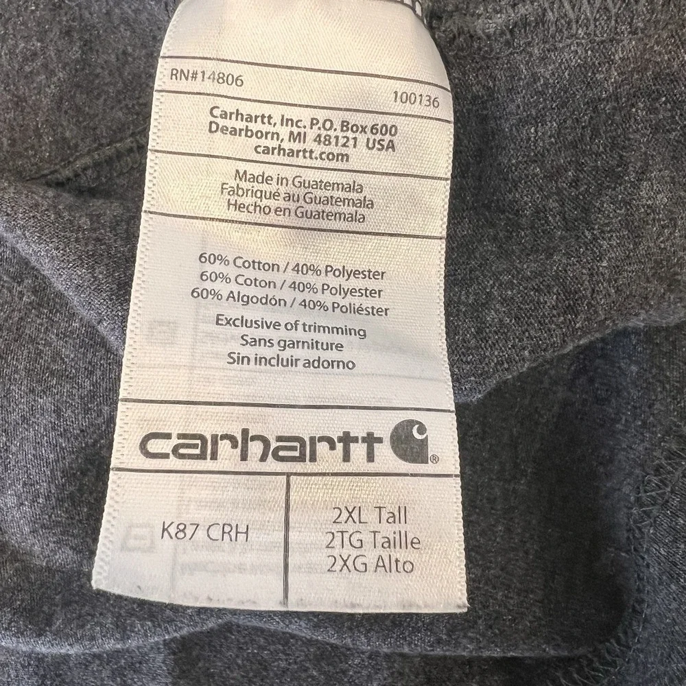 Carhartt Charcoal Grey 2XL Tall Original Fit Pocket T-shirt Short Sleeve K87 CRH - Picture 7 of 7